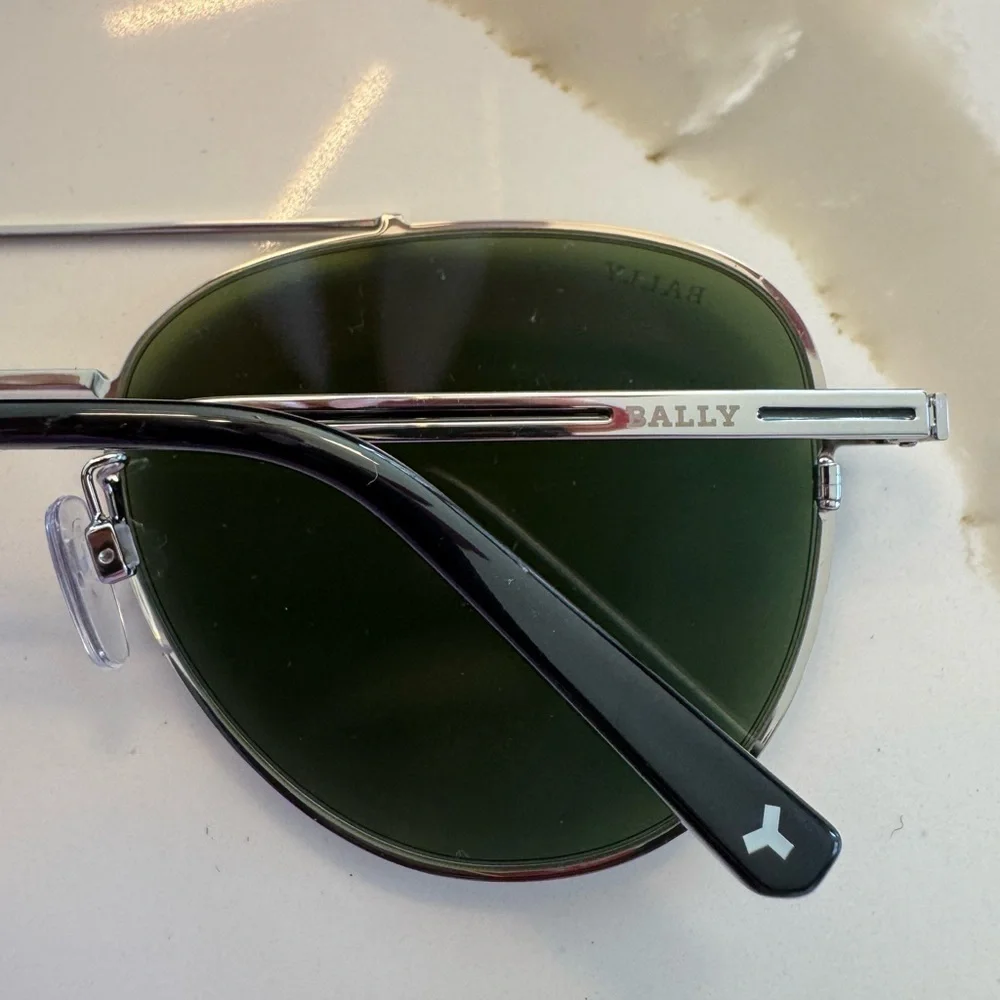 BALLY Italy Silver Aviator Sunglasses - Dark Green Lens